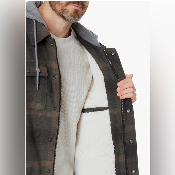 Levis Cotton Plaid Sherpa Lined Hoodie Jacket in Green Ombré, Size Small - Picture 4 of 14